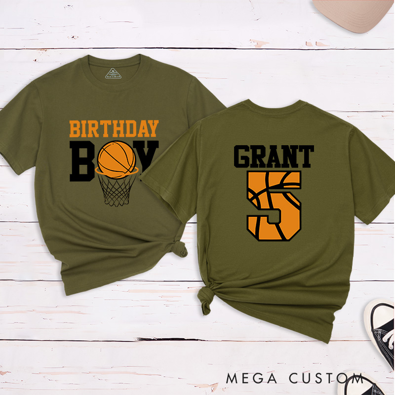 Personalized Birthday Basketball T-Shirt with Custom Name and Age Featuring a Fun Basketball and Hoop Design