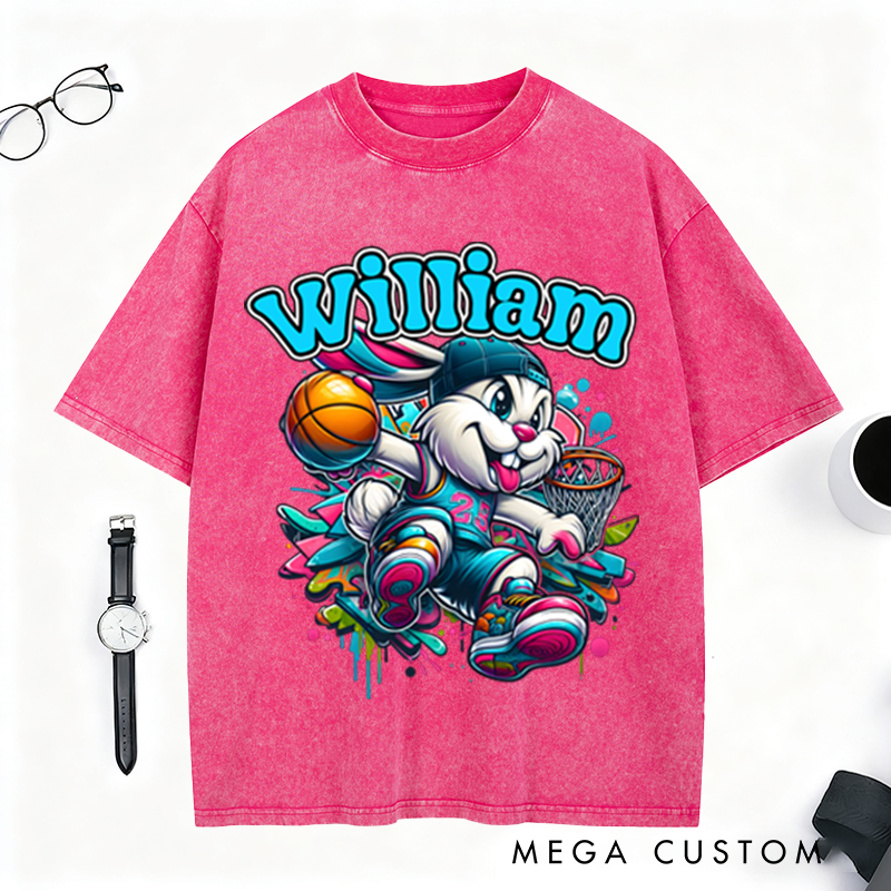 Personalized Easter Basketball Washed T-Shirt with Custom Name Design