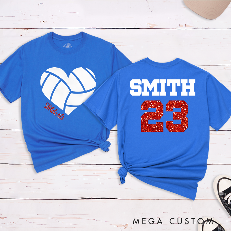 Personalized Glitter Heart Volleyball T-Shirts Featuring Your Team Name and Number