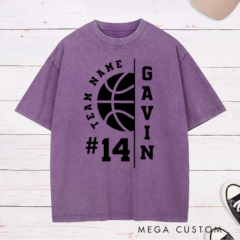 Personalized Washed T-Shirt Design Featuring Customizable Team Name Player Name and Number with Bold Basketball Graphics