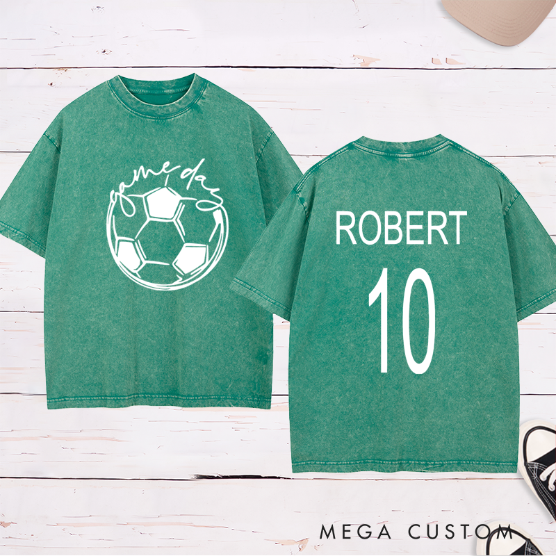Personalized Washed Soccer T-Shirt with Custom Name, Number, and "Game Day" Graphic Design