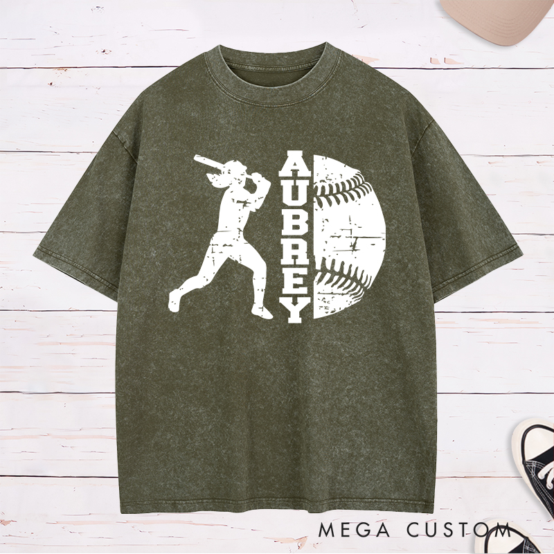 Personalized Softball Player Washed T-Shirt Design Featuring Batter Silhouette Distressed Softball Graphic and Customizable Name Text