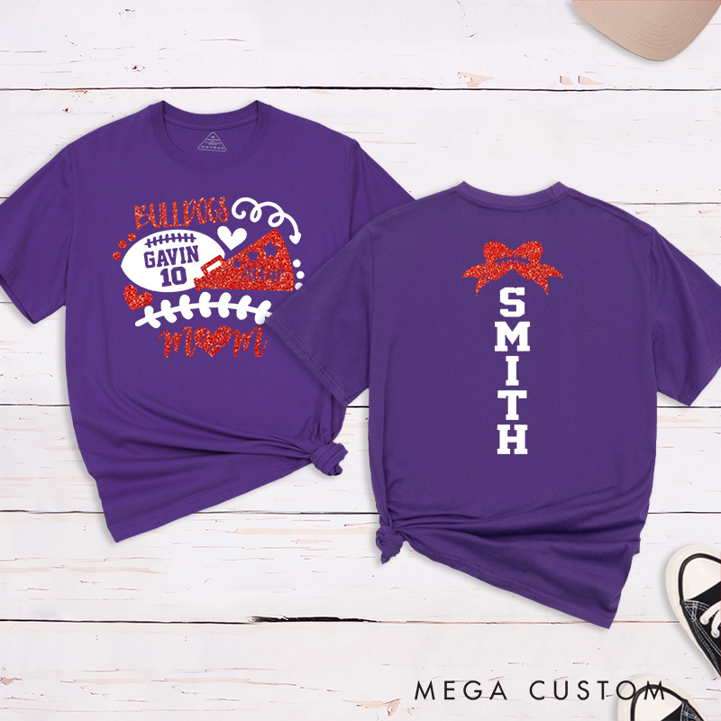 Personalized Glitter American Football and Rugby Cheer Mom T-Shirt with Custom Name and Number
