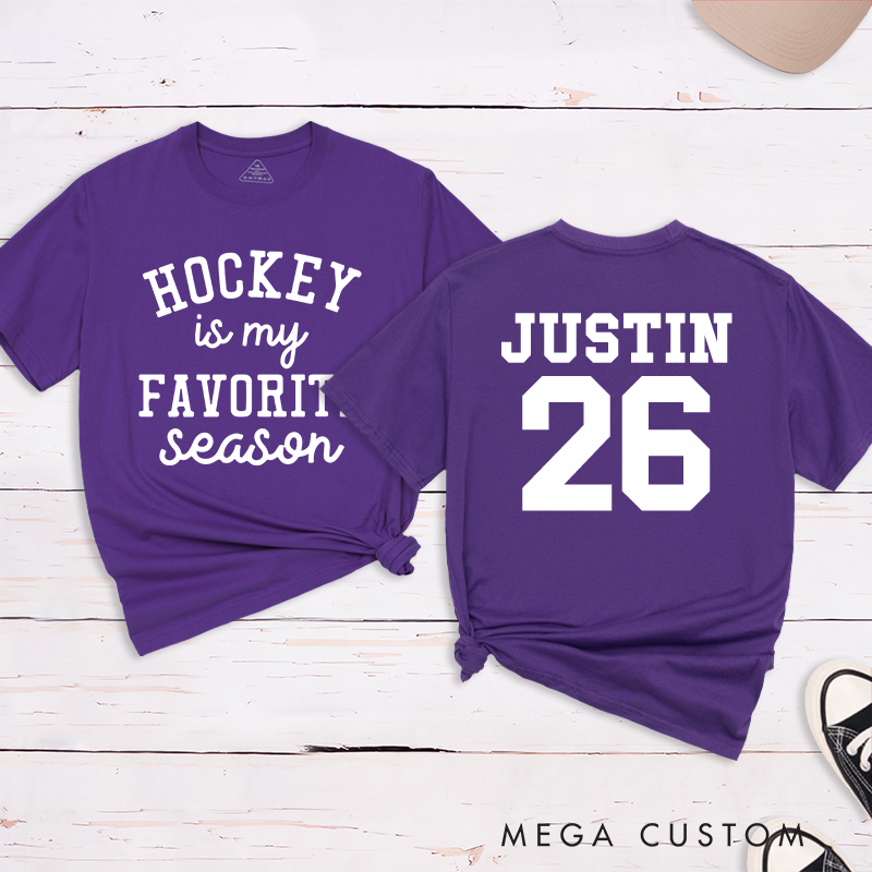 Personalized "Hockey Is My Favorite Season" T-Shirt with Custom Name and Number