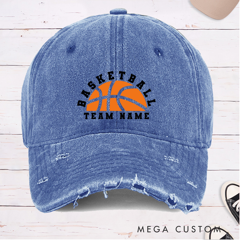 Personalized Distressed Denim Basketball Cap with Custom Team Name and Basketball Graphic Design