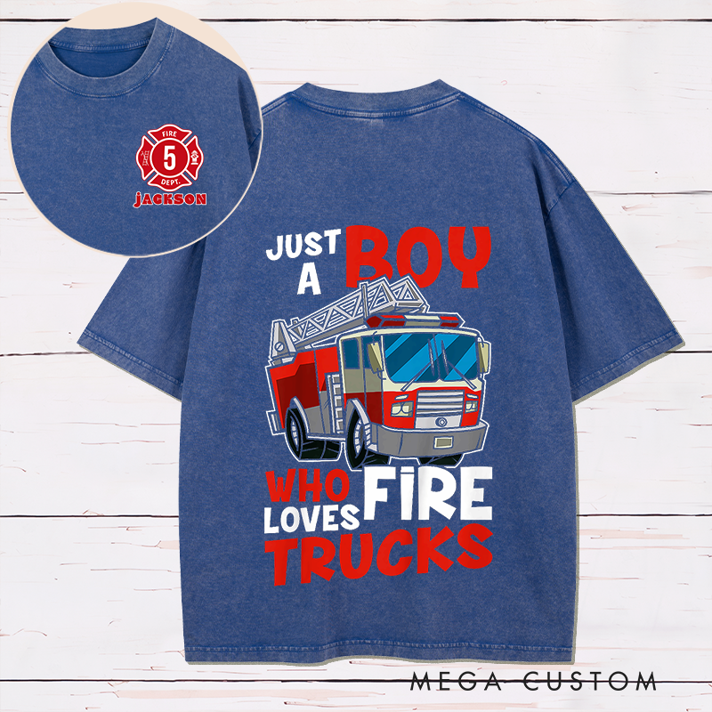 Personalized Firefighter Washed T-Shirt Fire Truck Design Just a Boy Who Loves Fire Trucks Gift for Firefighter Kids