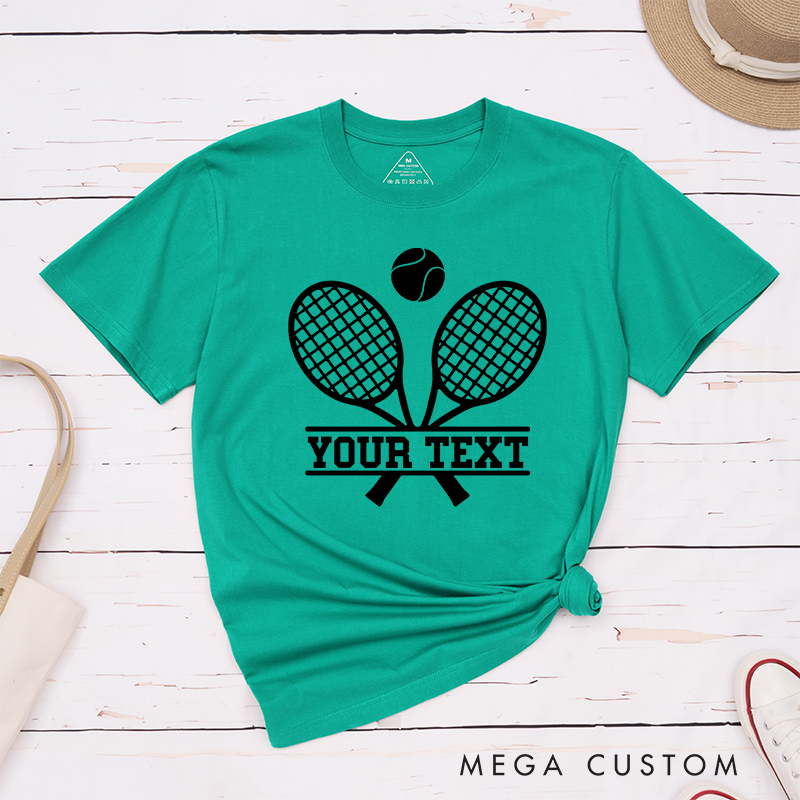 Personalized Tennis T-Shirt with Crossed Rackets Design and Custom Text