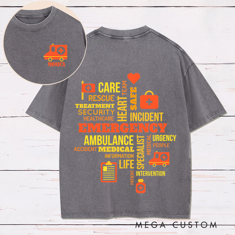 Personalized Two Sides Printed Washed T-Shirt Customized Emergency Care Word Cloud Design Washed T-Shirt 