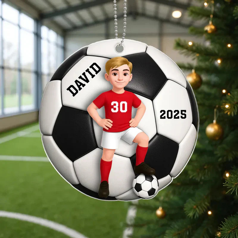 Personalized Soccer Christmas Ornament with Custom Name, Number, and Year Design