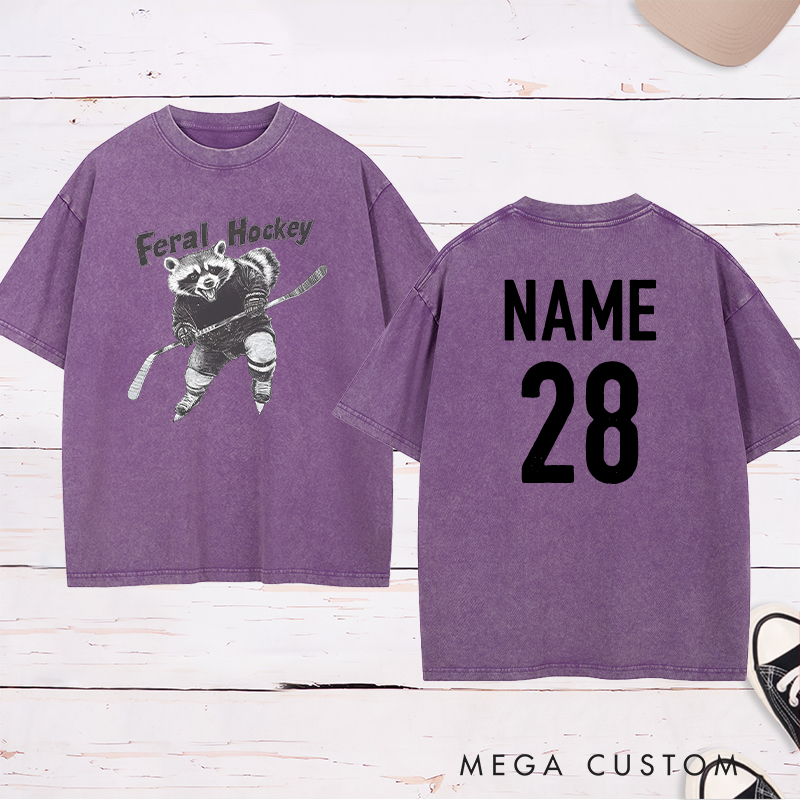 Personalized "Feral Hockey" Raccoon Washed T-Shirt with Custom Name and Number