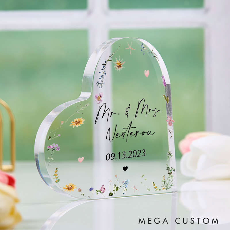 Personalized Mr & Mrs Floral Heart Shaped Acrylic Plaque