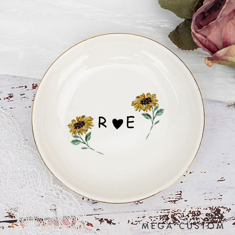 Personalized Cheerful Watercolor Sunflowers with Initials and Heart Wedding Engagement Gold-Trimmed Ring Dishes