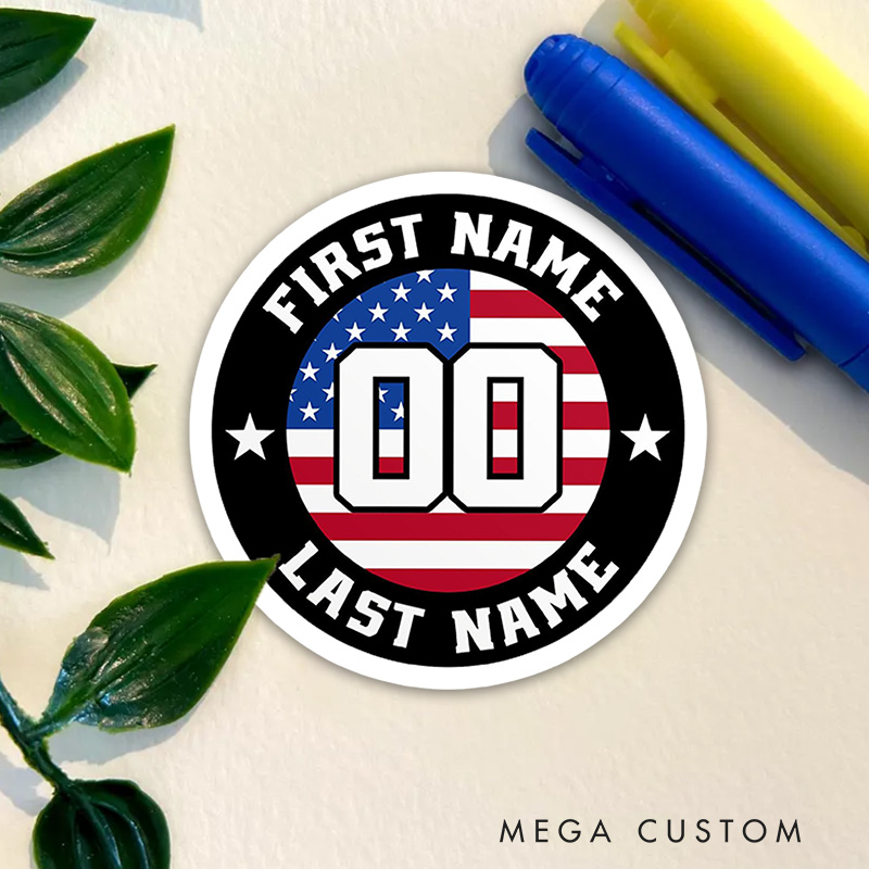 Personalized Patriotic Sports Sticker with Custom Name and Number  
