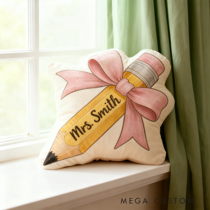 Personalized Bow Pencil Shaped Teacher Pillow Custom Name Cushion Gift for Educators and Teachers