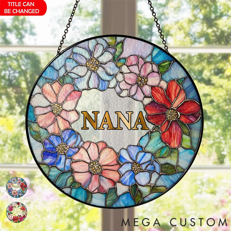 Personalized Floral Glass Suncatcher for Grandma, Mimi Nana Flower Window Hanging, Grandmother Christmas Gift from Grandkids, Birthday Gift