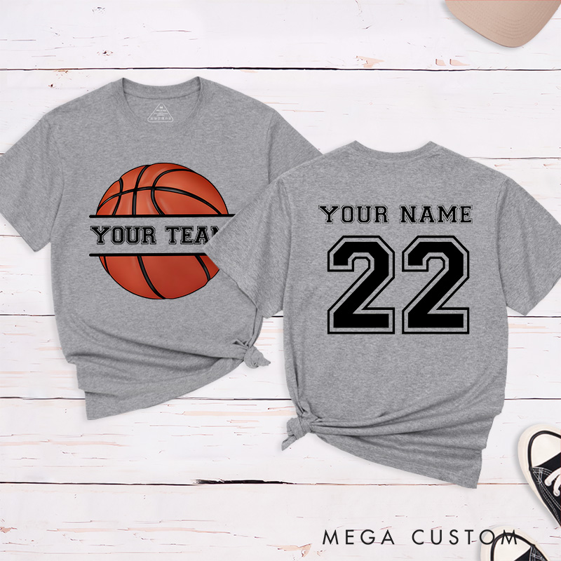 Personalized Basketball T-Shirt with Custom Team Name Player Name and Jersey Number Featuring a Classic Basketball Graphic
