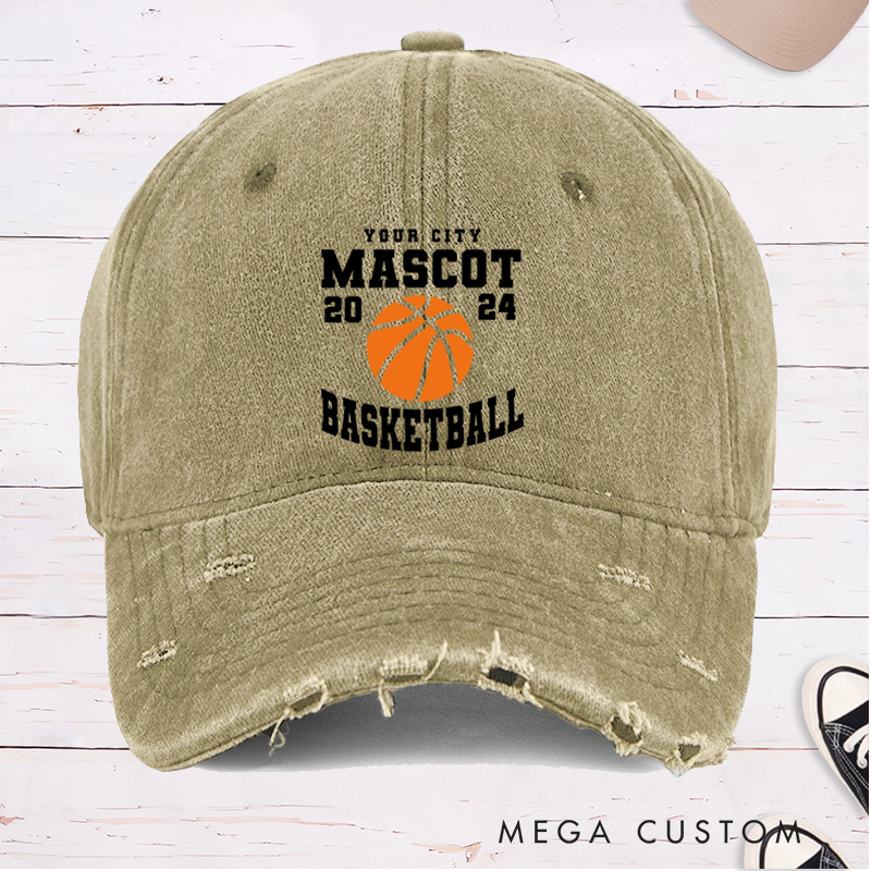 Personalized Distressed Denim Basketball Cap with Custom Team Name Year and Basketball Graphic Design