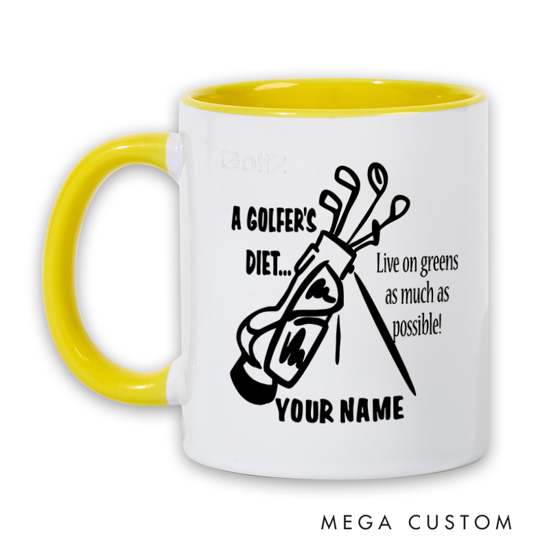 Personalized Golf Mug with Custom Name A Golfer's Diet Live on Greens Design Durable Ceramic Two Tone Handle