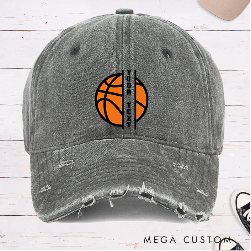 Personalized Distressed Denim Basketball Cap with Custom Text and Basketball Graphic Design