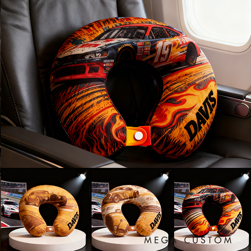 Personalized Racing Car U-Shaped Pillow with Custom Name for Racing Fans and Travelers