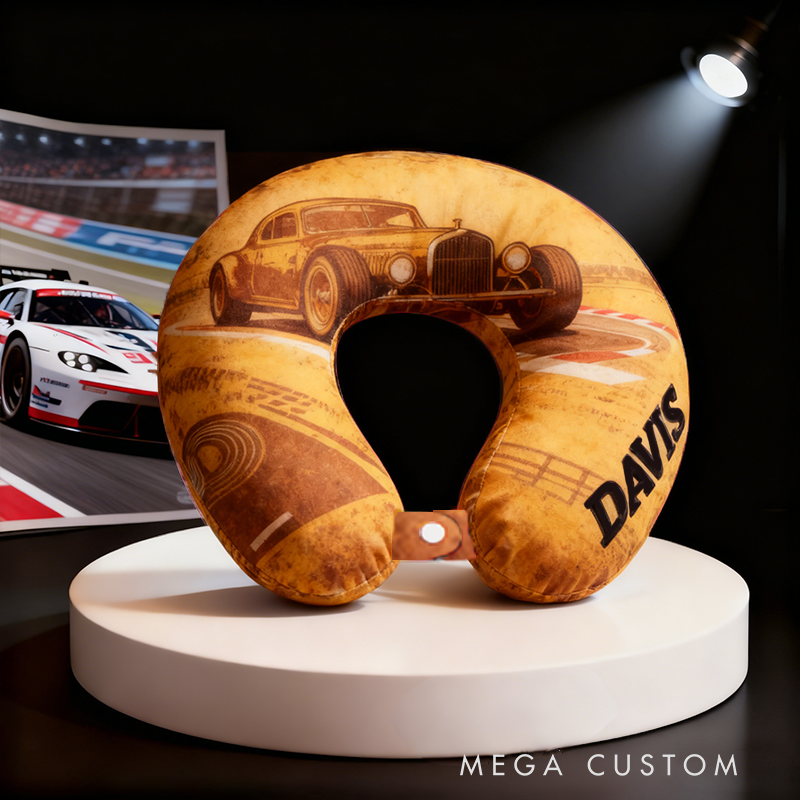 Personalized Racing Car U-Shaped Pillow with Custom Name for Racing Fans and Travelers