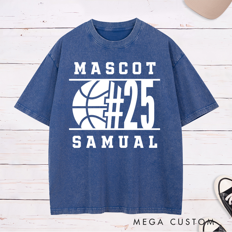 Personalized Washed T-Shirt Design Featuring Bold Basketball Graphic with Customizable Team Name Player Number and Personal Name