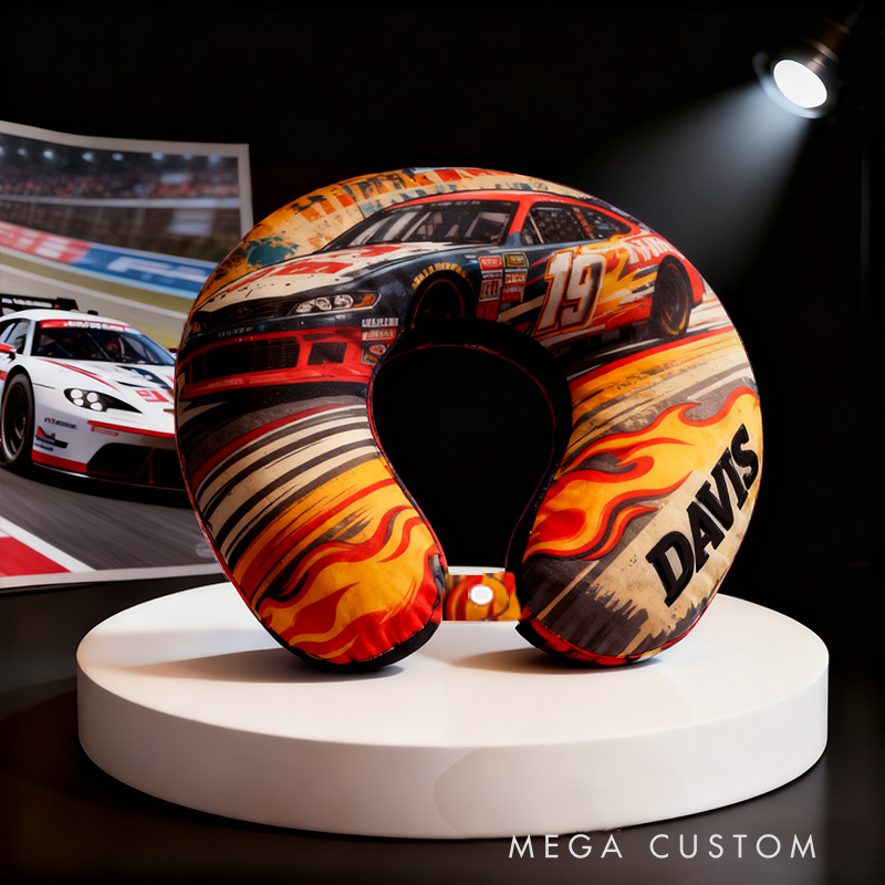 Personalized Racing Car U-Shaped Pillow with Custom Name for Racing Fans and Travelers