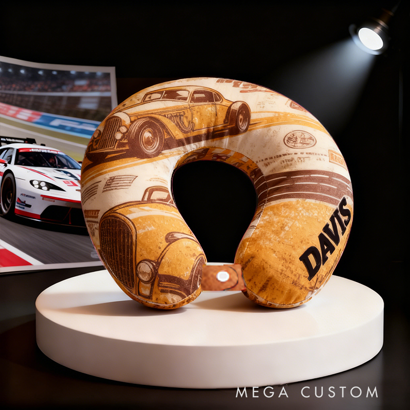 Personalized Racing Car U-Shaped Pillow with Custom Name for Racing Fans and Travelers
