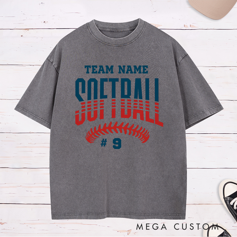 Personalized Softball Washed T-Shirt Featuring Customizable Team Name Player Number Bold Gradient Block Lettering and Dynamic Softball Stitch Graphic for a Striking and Unified Look
