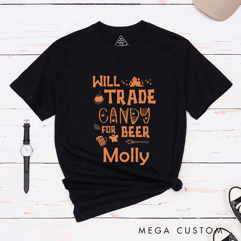 Personalized Will Trade Husband for Wine Will Trade Candy for Beer Halloween Couple Matching T-Shirt for Couple