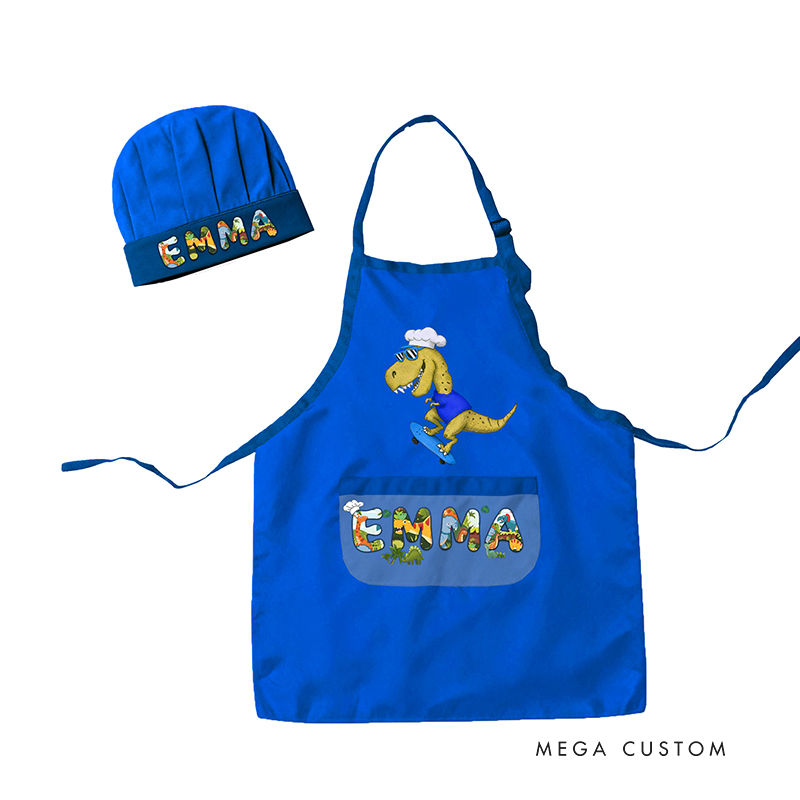 Personalized Dinosaur Chef Adventure Adjustable Kid Apron Chef Hat Set with Pocket and Name for Cooking Baking Birthday Holiday Gift for Kids