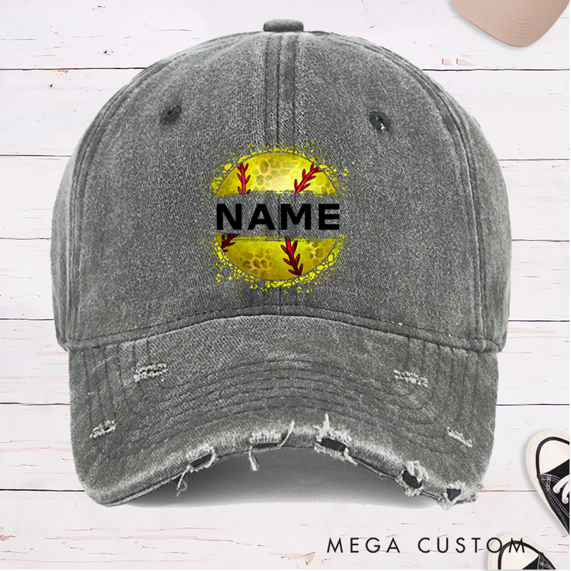 Personalized Distressed Denim Softball Cap with Custom Name and Softball Graphic Design