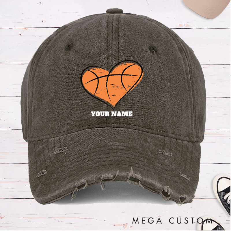[Copy]Personalized Distressed Denim Basketball Cap with Vertical Team Name and Player Silhouette Design