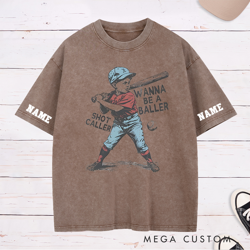 Personalized "Wanna Be a Baller" Vintage Baseball Washed T-Shirt with Custom Name and Number 