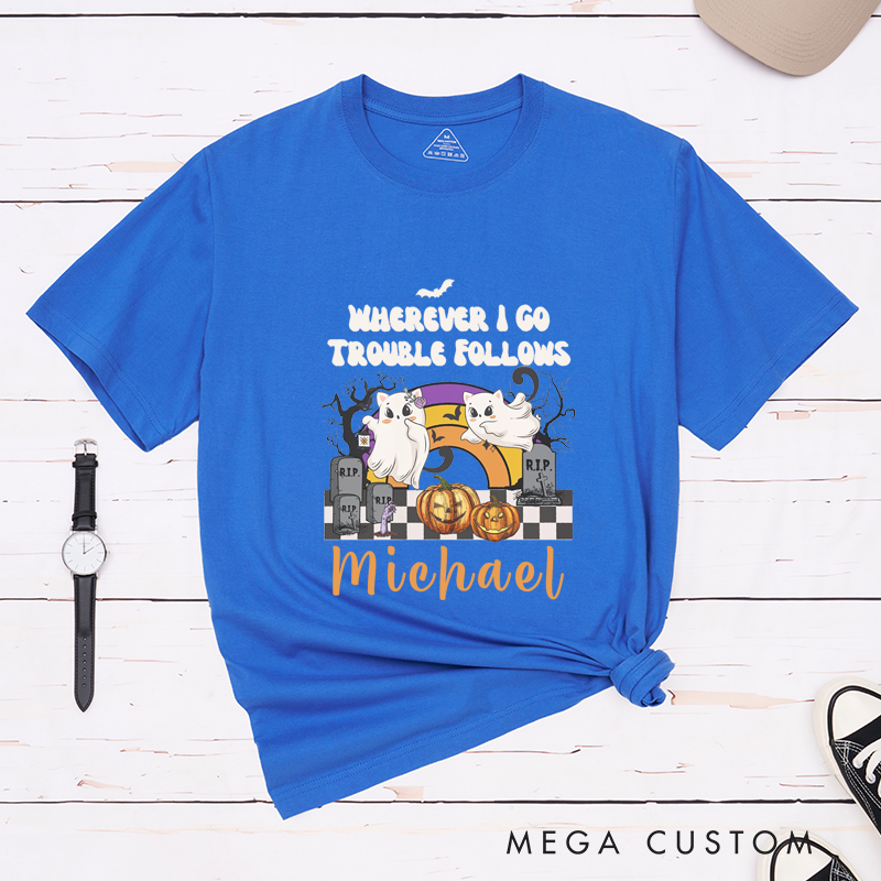 Personalized Cat Halloween Couple Matching Shirt Where I Go Trouble Follows Couple T-Shirt