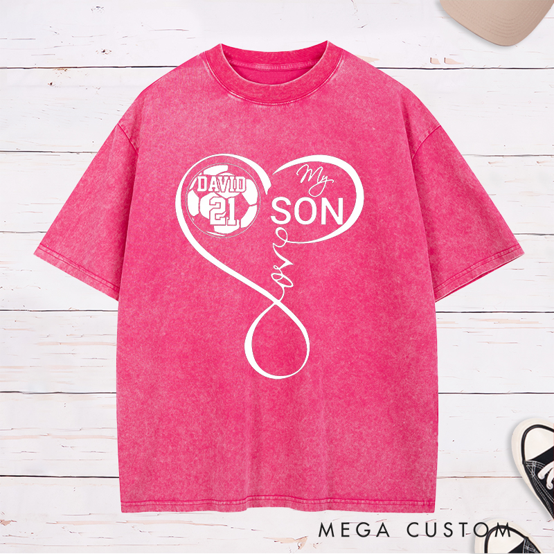 Personalized "My Son" Soccer Washed T-Shirt with Heart Design and Custom Name and Number