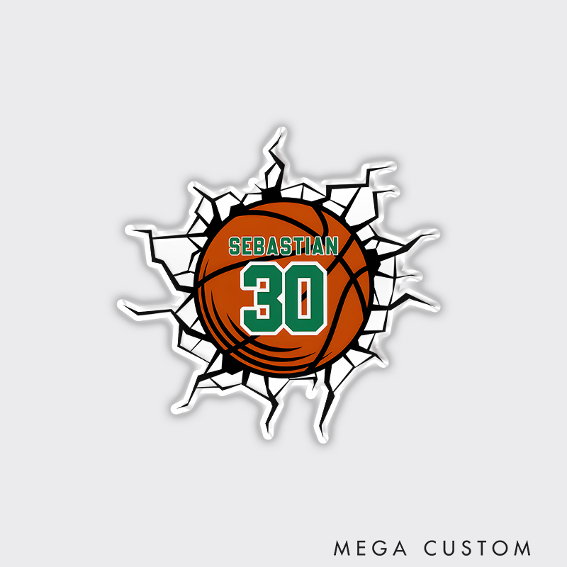 Personalized Basketball Refrigerator Magnet with Cracked Wall Effect Custom Name and Jersey Number Design