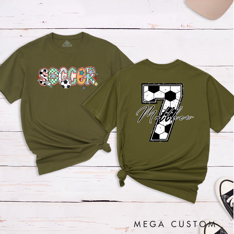 Personalized Soccer T-Shirt with Colorful Patterned Lettering and Custom Name and Number