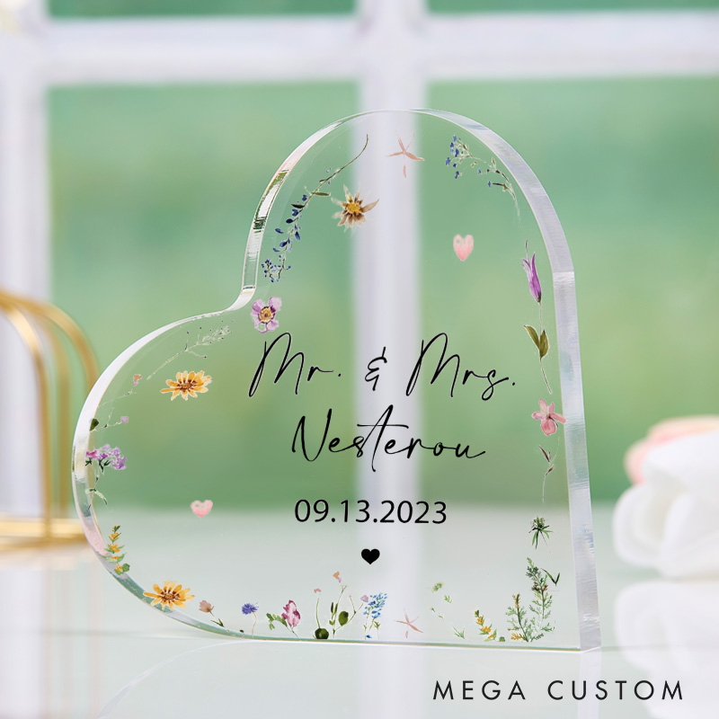 Personalized Mr & Mrs Floral Heart Shaped Acrylic Plaque