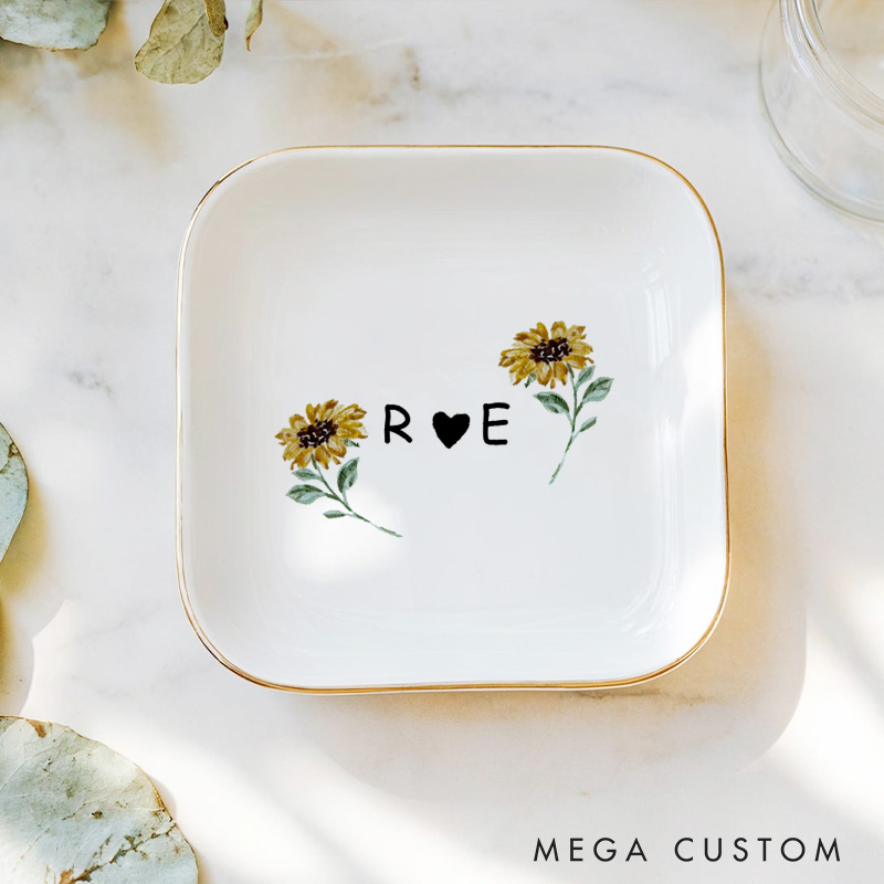 Personalized Cheerful Watercolor Sunflowers with Initials and Heart Wedding Engagement Gold-Trimmed Ring Dishes