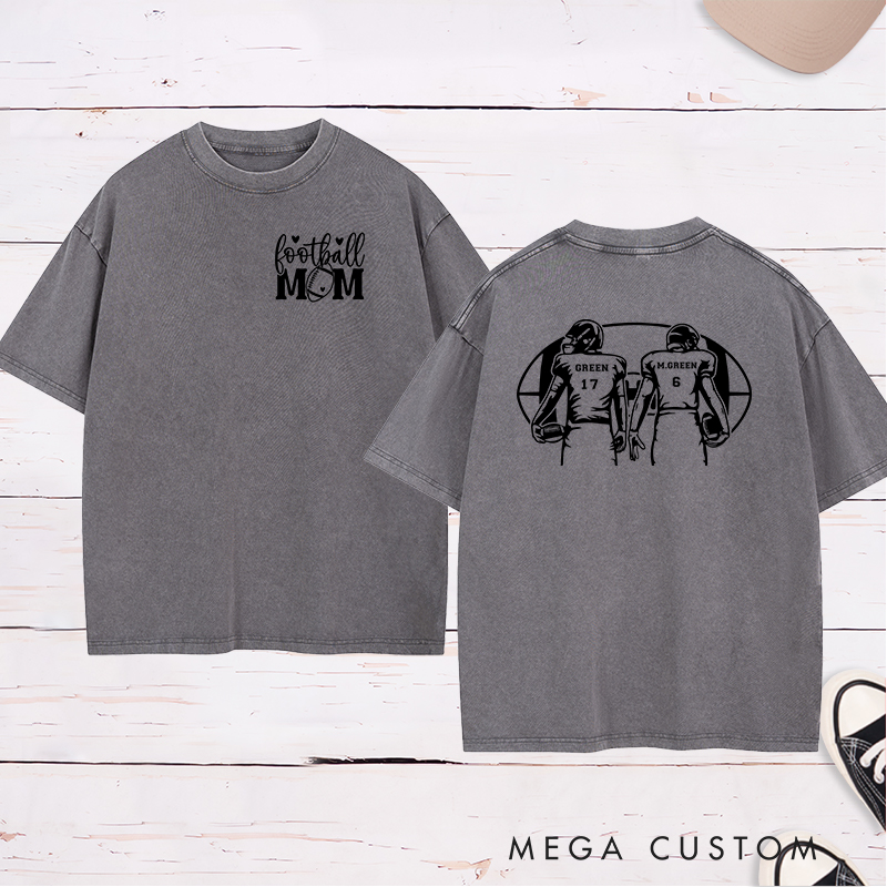 Personalized American Football Mom Washed T-Shirts with Custom 2 Player Name and Number