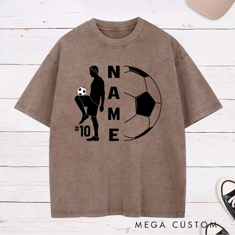 Personalized Soccer Washed T-Shirt with Player Silhouette and Custom Name and Number Design