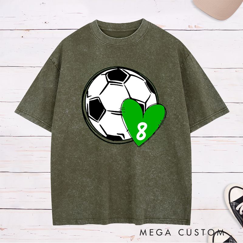 Personalized Soccer Love Washed T-Shirt with Custom Number in Heart