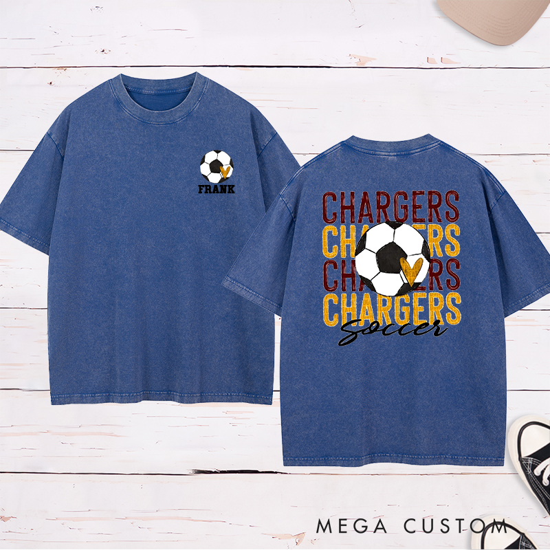 Personalized Soccer Washed T-Shirt with Team Name Repeat Design and Custom Name & Number