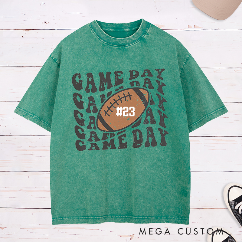 Personalized American Football and Rugby Washed T-Shirts Featuring Custom Your Your Favorite Number on the Front