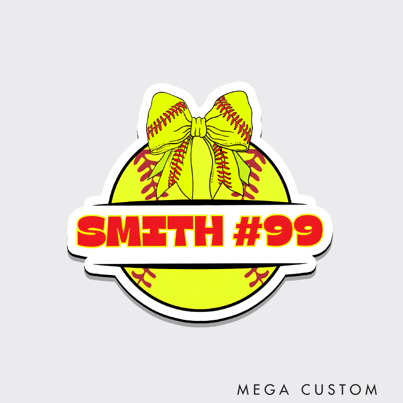 Personalized Softball Refrigerator Magnet with Custom Name Number Bright Yellow Softball and Bow Accent Design