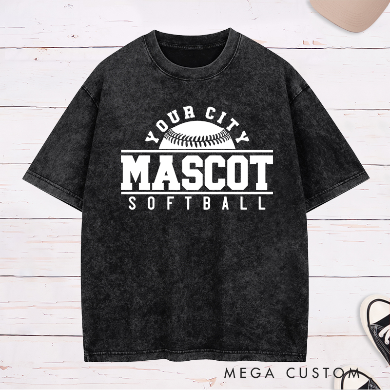 Personalized Softball Team Washed T-Shirt Design Featuring Custom City Name Team Name Bold Typography and Central Softball Graphic