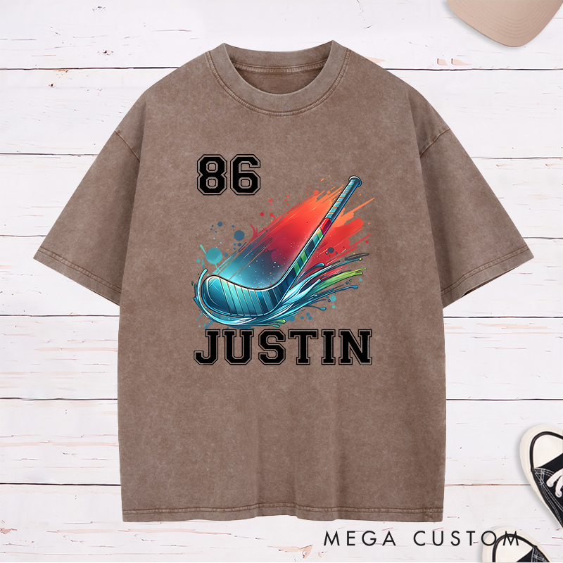 Personalized Athletic Washed T-Shirt with Hockey Stick and Customizable Name