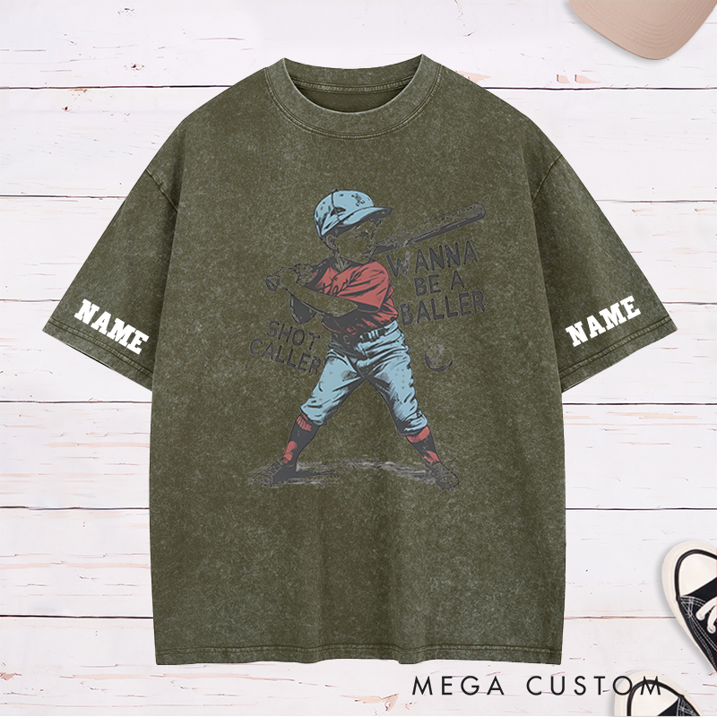 Personalized "Wanna Be a Baller" Vintage Baseball Washed T-Shirt with Custom Name and Number 