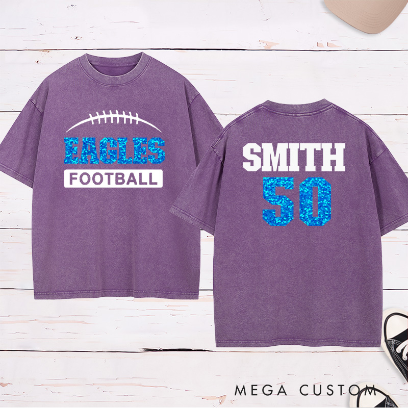 Personalized American Football Washed T-Shirt with Custom Team Name on the Front and Number on the Back